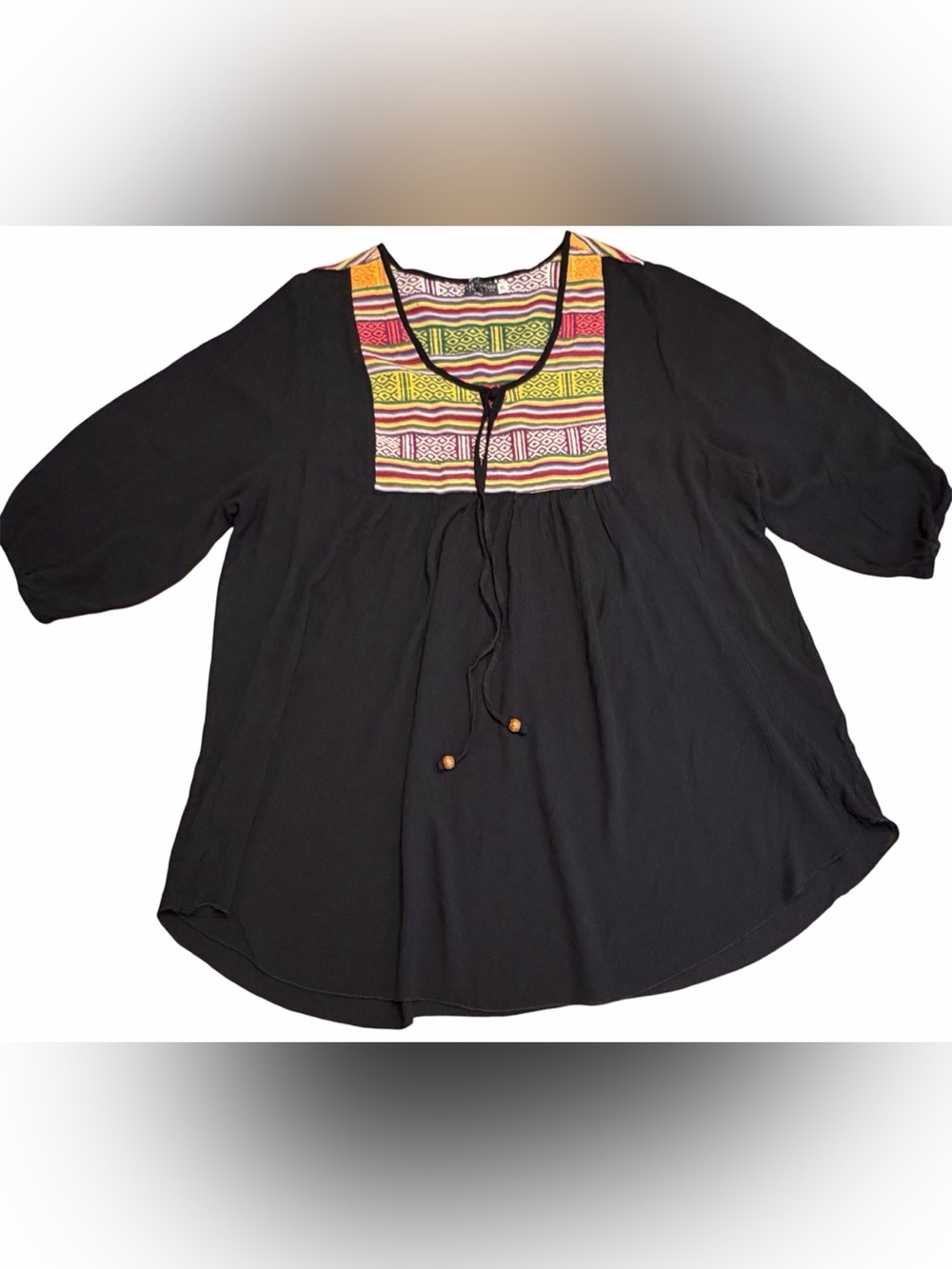 Earthbound Trading Co XL Black Boho Peasant Top Flowy Tunic Tassel Tie Festival